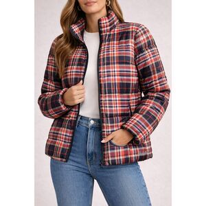 Eddie Bauer Plaid Down Puffer Jacket Black Orange Tartan Full Zip Lightweight M